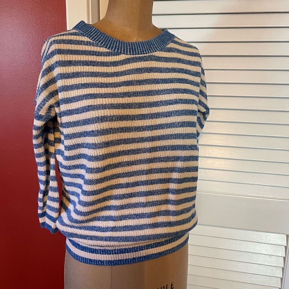 J CREW | blue & cream striped 3/4 sleeve sweater XXS